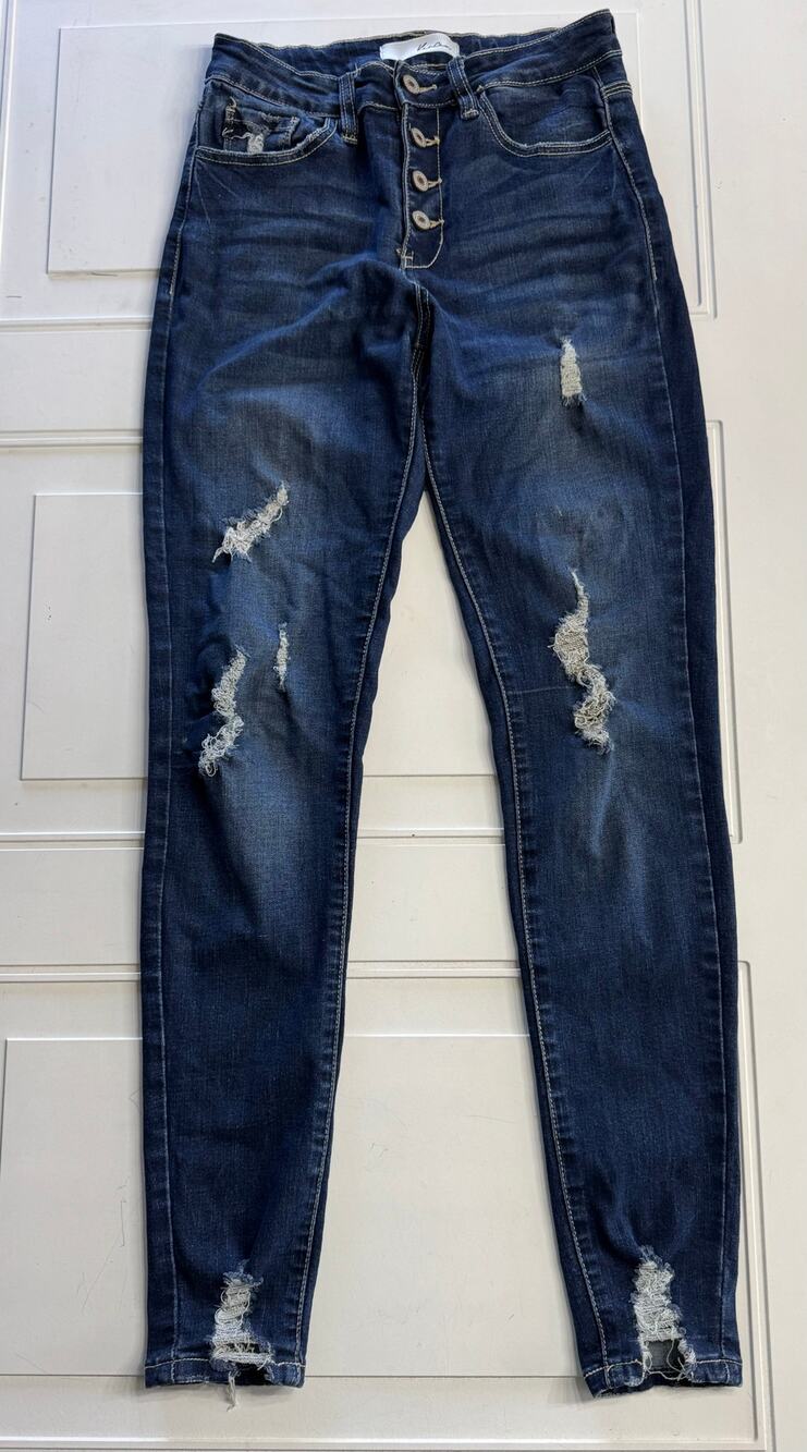KanCan Womens Sz 5/26 Estilo High Rise Button Distressed Skinny Jeans Dark Wash